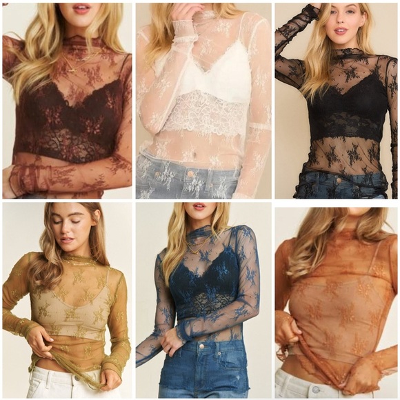 Tops Mesh w/ Lace Long Sleeve Mock Neck Sexy w/ Thumb Hole~ White or Cream - Picture 16 of 16